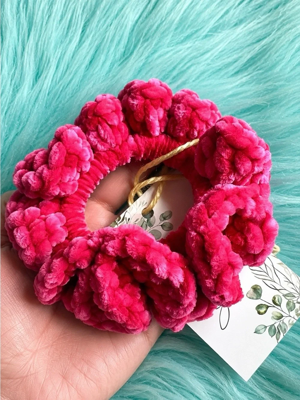 PinkRainCloud Handmade Luxe Velvet Hot Pink Crochet Plush Hair Scrunchie
